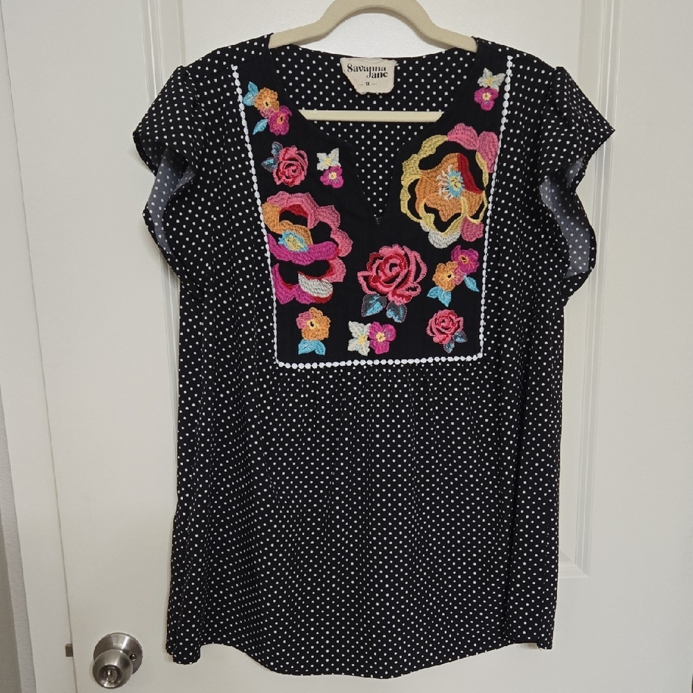 Savanna Jane Black Blouse with Floral Embroidery